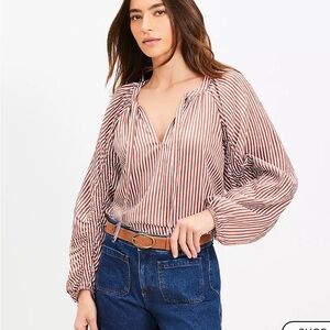 LOFT Petite Striped Ruched Sleeve Blouse Copper and White XXSP